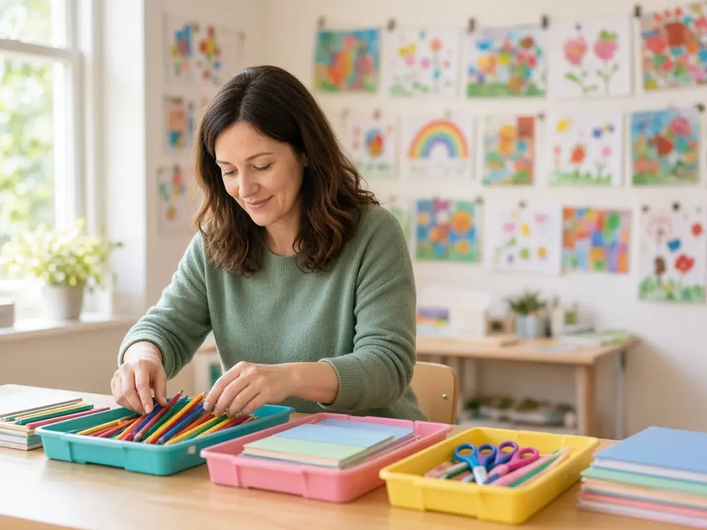 A teacher sorting colourful classroom supplies into trays