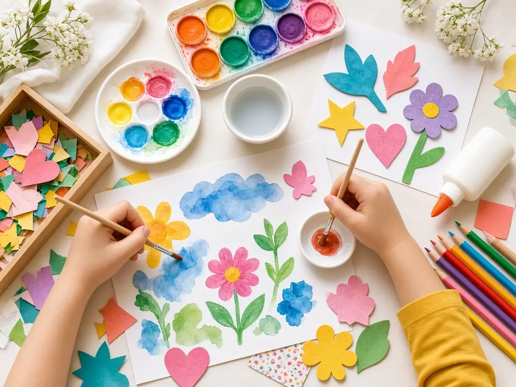 Children painting and making paper crafts at a table