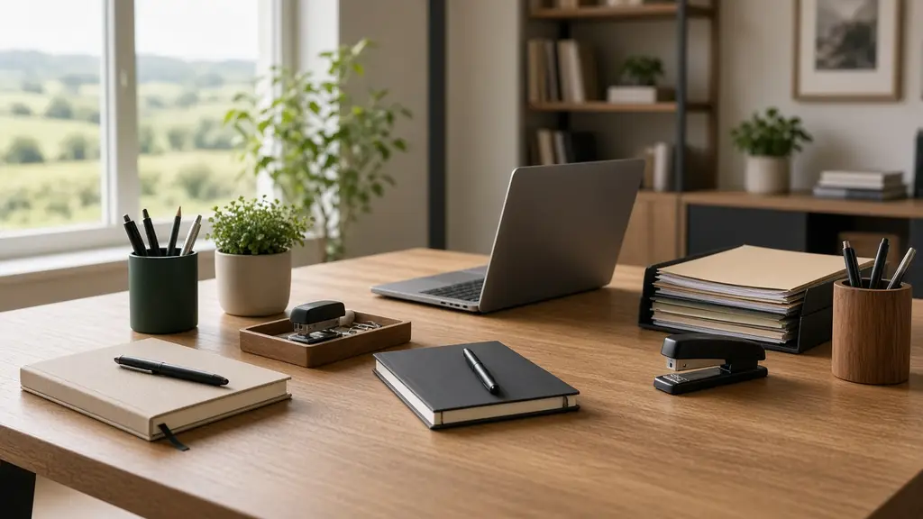 A tidy office desk with notebooks, pens, folders and a laptop