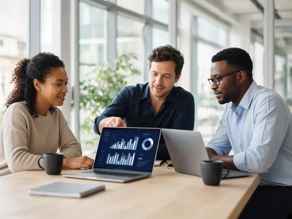 A small business team reviewing a dashboard on a laptop