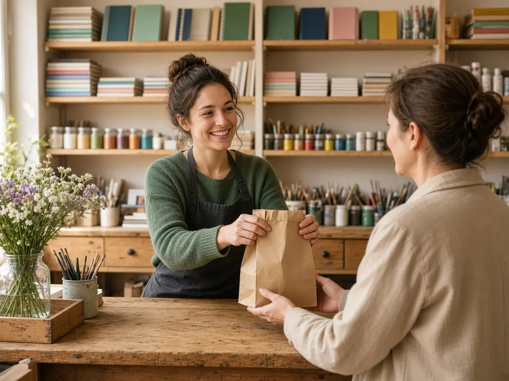 A shop assistant handing a paper bag across a stationery and art-supplies counter